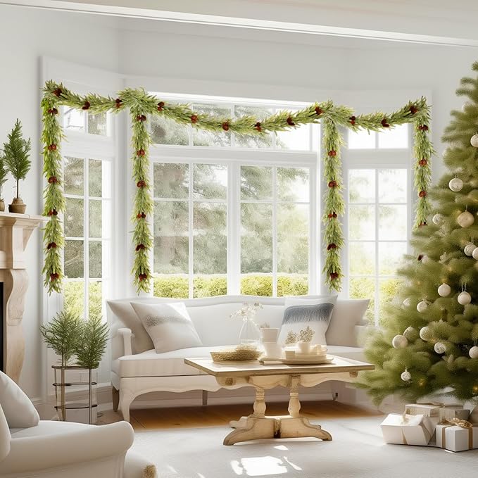 WBHome 6ft Pre-lit Norway Spruce Christmas Garland, Winter Greenery Garland for Christmas with 100 LED Lights, Holiday Seasonal Outdoor/Indoor Home Decor, 6FT Long