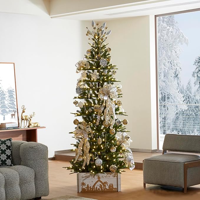 Glitzhome 7.5ft Pre-Lit Green Fir Christmas Tree, Cascade Evergreen Slim Artificial Holiday Christmas Tree with with 350 Strawberry Lights,9 Functional Warm White/Multi-Color, Remote Controller