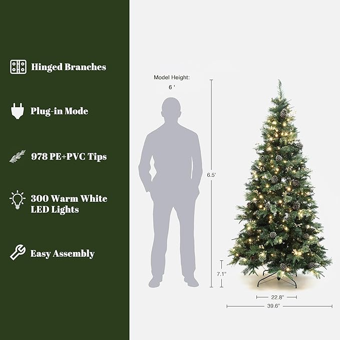 LuxenHome 6.5FT Prelit Christmas Tree with Lights, Slim Artificial Christmas Tree with 300 LED Lights and Pine Cone, 978 PE+PVC Branch Tips, Plug-in Prelit Pine Tree Indoor, Outdoor Holiday Décor