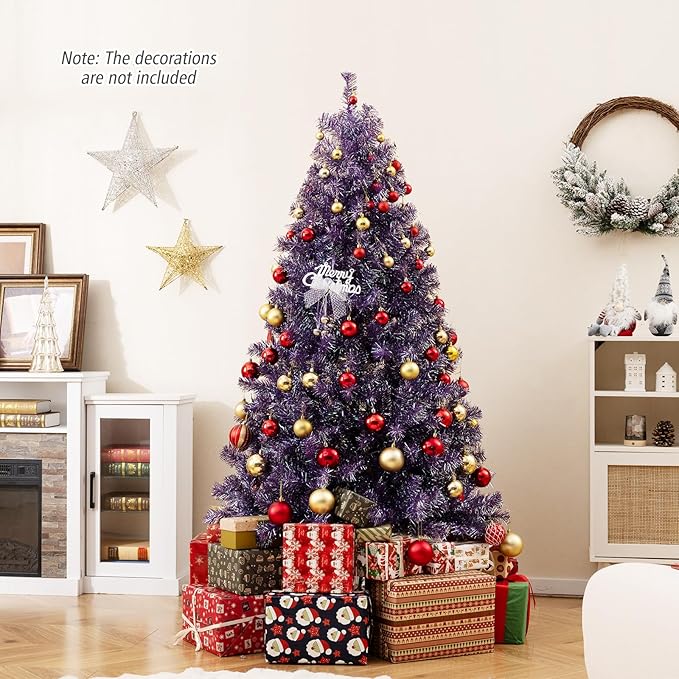 Goplus 6 FT Pre-Lit Tinsel Christmas Tree, Artificial Hinged Xmas Tree with 250 Warm White LED Lights, 8 Modes, 688 Lush Branch Tips, Metal Stand, Home Office Seasonal Holiday Decoration, Purple
