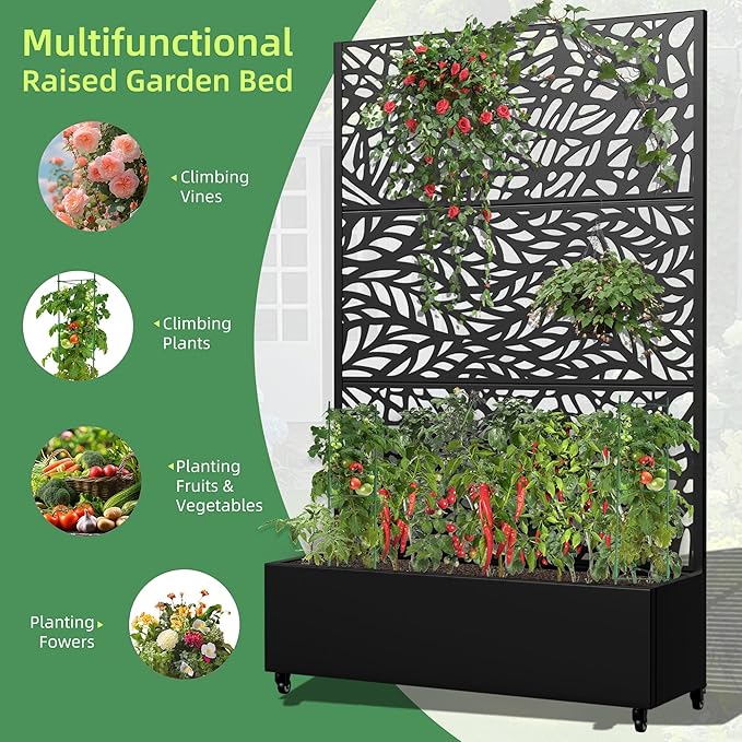 Casaphoria Metal Raised Garden Bed with Trellis and Wheels, 72"x 47"x 16" Planter Box for Climbing Plants, Vegetables & Vines, Features Drainage Holes and Privacy Screen,Black(Black-Spring&Net)