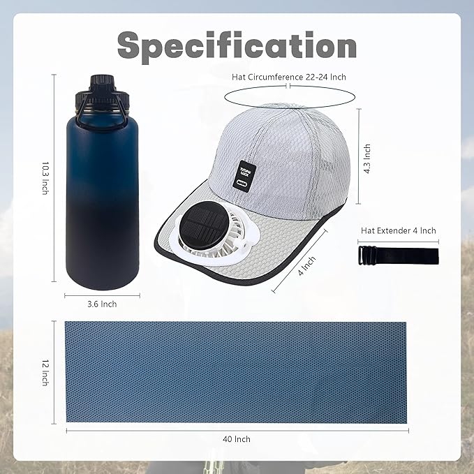 3-Piece Cooling Set, Include Solar Powered Fan Hat, Insulated Water Bottle, Instant Cooling Towels, Perfect for Hiking, Amusement Part, Sport Events, and Outdoor Working Gray