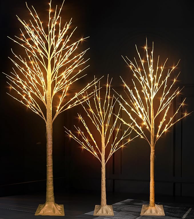 Dazzle Bright 3 Pack Light up Birch Tree, 4FT 96 LED/ 6FT 120 LED/ 8FT 240 LEDs Pre lit Birch Christmas Tree for Xmas Indoor Outdoor Home Party Garden Decor