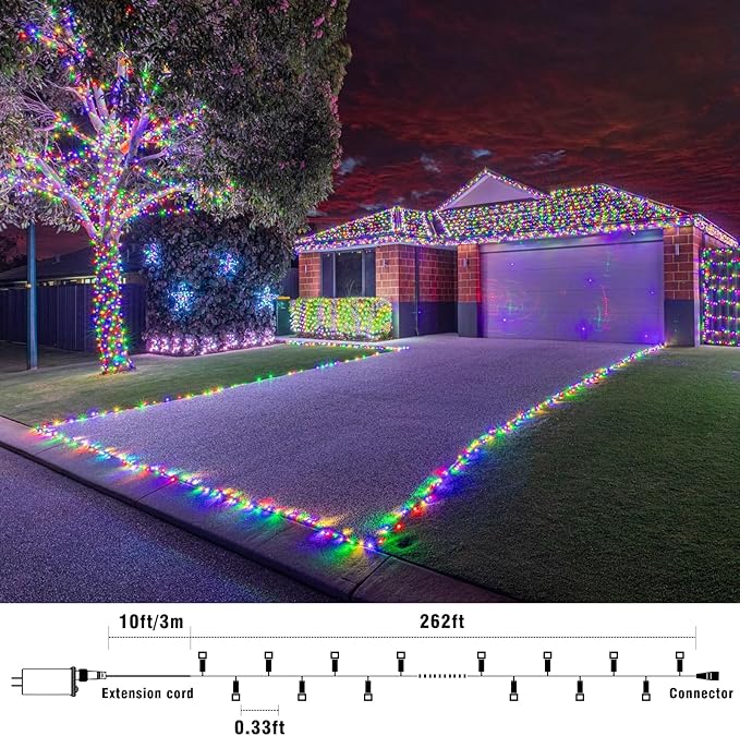 800 LED Christmas Lights Outdoor Indoor, String Lights for Outside with 8 Modes Waterproof, Plug in Twinkle Light Clear Wire for Xmas Tree, Patio, Garden, Party Decorations, Multicolor
