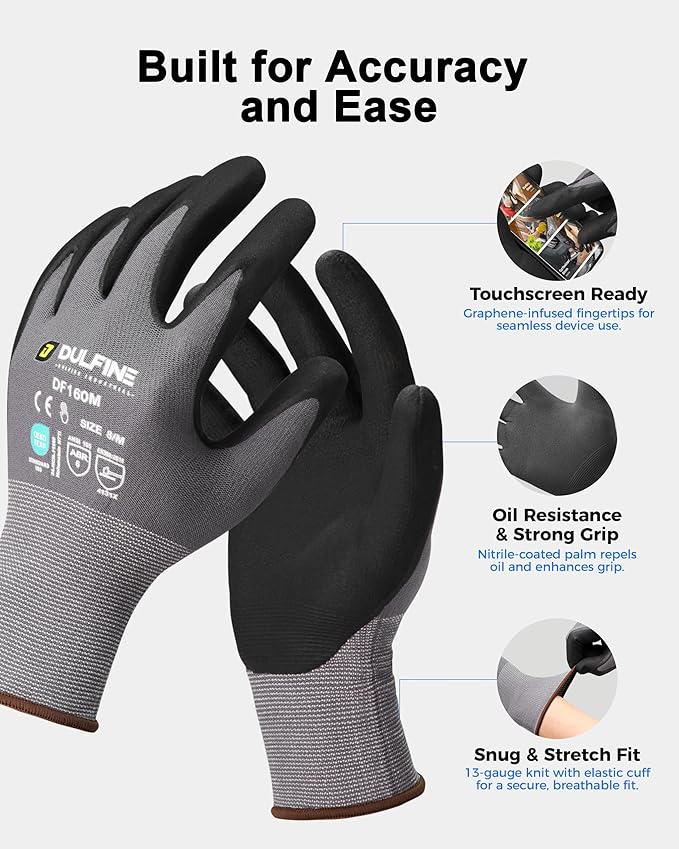 DULFINE Safety Work Gloves MicroFoam Nitrile Coated-12 Pairs Pack,Seamless Knit Nylon Glove with Black Micro-Foam Nitrile Grip,Ideal for General Purpose,Automotive,Home Improvement,Painting(Large)