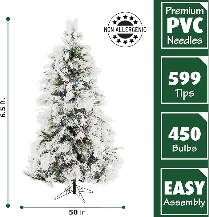 Fraser Hill Farm 6.5-Feet Pre-Lit Snow Flocked Snowy Pine Artificial Christmas Tree with Dual Multicolor & Warm White LED Lights, Full Silhouette, Realistic Foliage, Stand Included