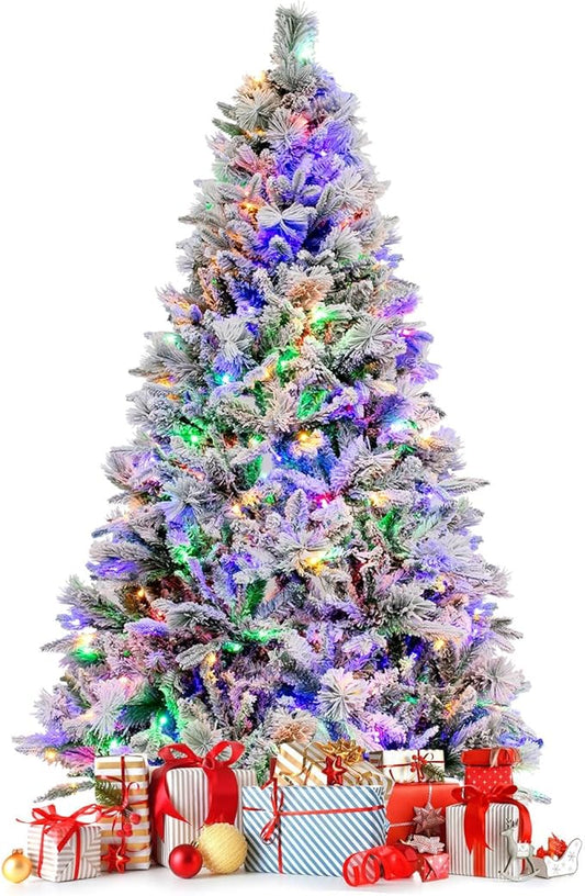 HAPPYGRILL 6 FT Pre-lit Artificial Christmas Tree, Snow-Flocked Xmas Tree with 240 Multi-Color LED Lights, 8 Lighting Modes, 850 Branch Tips, Pine Needles, Hinged Tree for Home Office Party