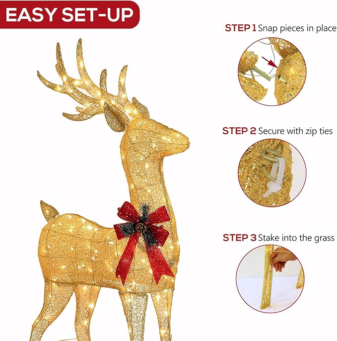 Hykolity 4.5 FT 3D Lighted Outdoor Christmas Deer Family Set, 3- Piece Christmas Reindeers with 230 Warm White LED Lights, Yard Decoration with Stakes, Zip Ties, Gold