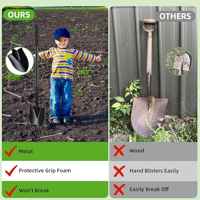 43.7Inches Small Spade Trench Shovel with Heavy Duty Steel Handle Garden Tools, Small Shovel for Digging Gardening Camping Yardwork Car, Black