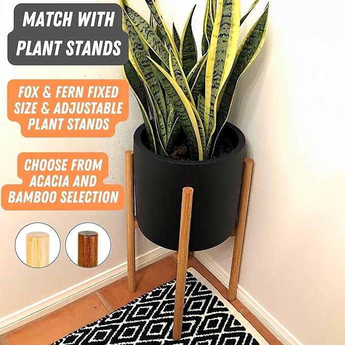 Fox & Fern 8 Inch Black Plant Pot with Drainage Plug — Premium Lightweight Fiberstone Matte Black Planter; 8 Inch Pots for Plants; for Indoor & Outdoor Use; Weather Resistant & UV Resistant