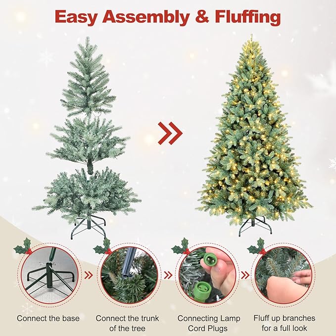 5 Ft Pre-Lit Artificial Christmas Tree, w/ 250 LED Warm Lights, 854 PE&PVC Mixed Branch Tips, Faux Xmas Tree for Home, Office, Party Decoration, Easy Assembly, Metal Hinges & Foldable Base