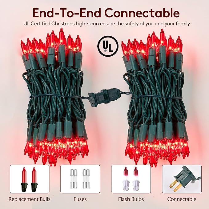 Red Christmas Lights - 100 Count Incandescent Lights with Green Wires - UL Certified, Connectable for Indoor/Outdoor Xmas, Wedding, Holiday, Party, Home Decorations