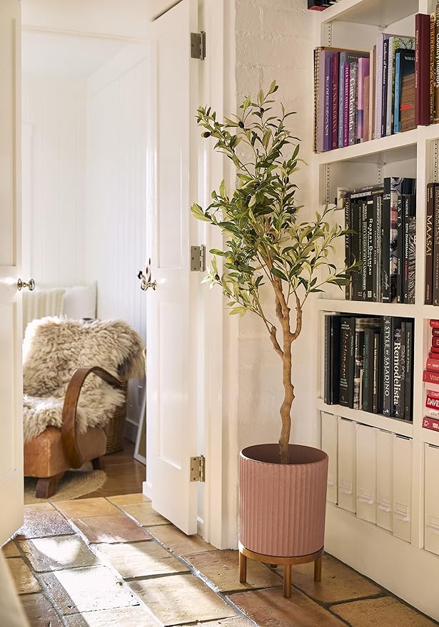 Veradek Demi Series Round Planter w/Stand for Porch/Patio | Durable Plastic-Stone Composite & Wooden Stand | Modern Décor for Tall Plants, Flowers