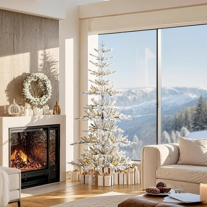 Glitzhome 7ft Deluxe Pre-Lit Flocked Artificial Christmas Tree Serene Snowscape Fir for Home, Office, Party Decoration with 400 Warm White Lights, Metal Hinges & Base, Easy Assembly