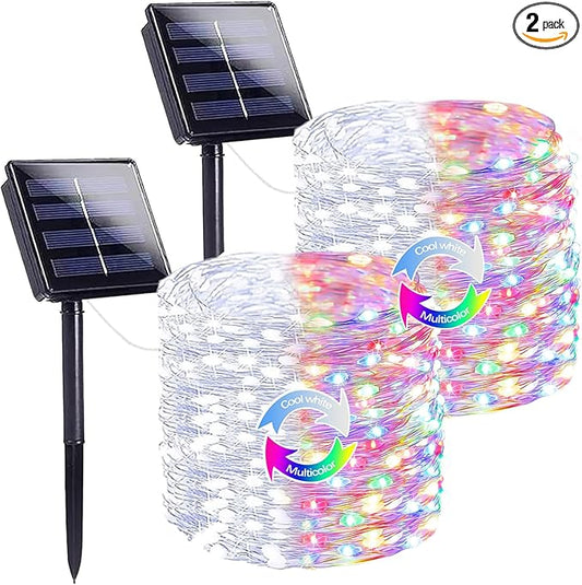 Cool White and Multicolor Color Changing Solar String Lights for Outside, 2 Pack 400LED Solar Christmas Lights Outdoor, Waterproof Copper Wire with 8 Modes Twinkle Fairy Light for Tree Christmas Decor