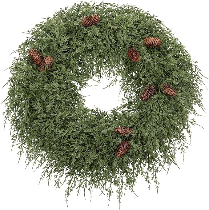 24 inch Christmas Wreath for Front Door, Real Touch Cedar Wreath with Pinecones Large Christmas Door Wreaths Artificial Hanging Pine Wreath for Xmas Indoor Outdoor Windows Holiday Decorations