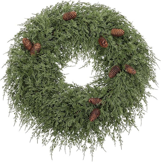 24 inch Christmas Wreath for Front Door, Real Touch Cedar Wreath with Pinecones Large Christmas Door Wreaths Artificial Hanging Pine Wreath for Xmas Indoor Outdoor Windows Holiday Decorations