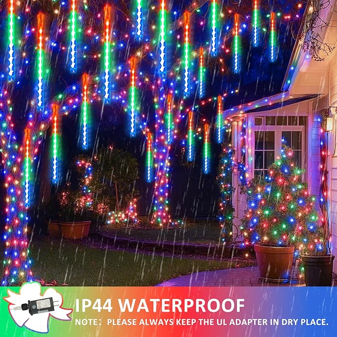 2-Pack Extendable Meteor Shower Christmas Lights Outdoor, 16 Tubes 384 LEDs Waterproof Falling Rain String Light, Christmas String Lights Outdoor for Tree Garden Patio Holiday Decorations (Multicolor)