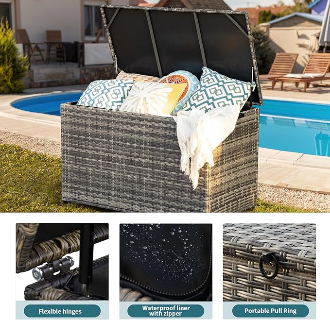 MEISSALIVVE 178 Gallon Outdoor Storage Box, Patio Deck Box with 2 Wheels, Handle Large Portable Wicker Rattan Deck Box for Patio Furniture Cushions, Throw Pillows, Garden Tools and Pool Floats (Gray)