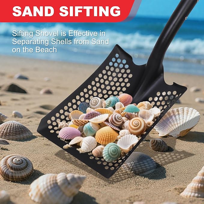 SHARK ATTACK Heavy Duty Sifting Shovel, 45 Inch Powder Coated Steel Mesh Shovel with D-Grip Handle for Beach, Soil & Chicken Coop, Farm Goat Stall Sand Poop Cleaning