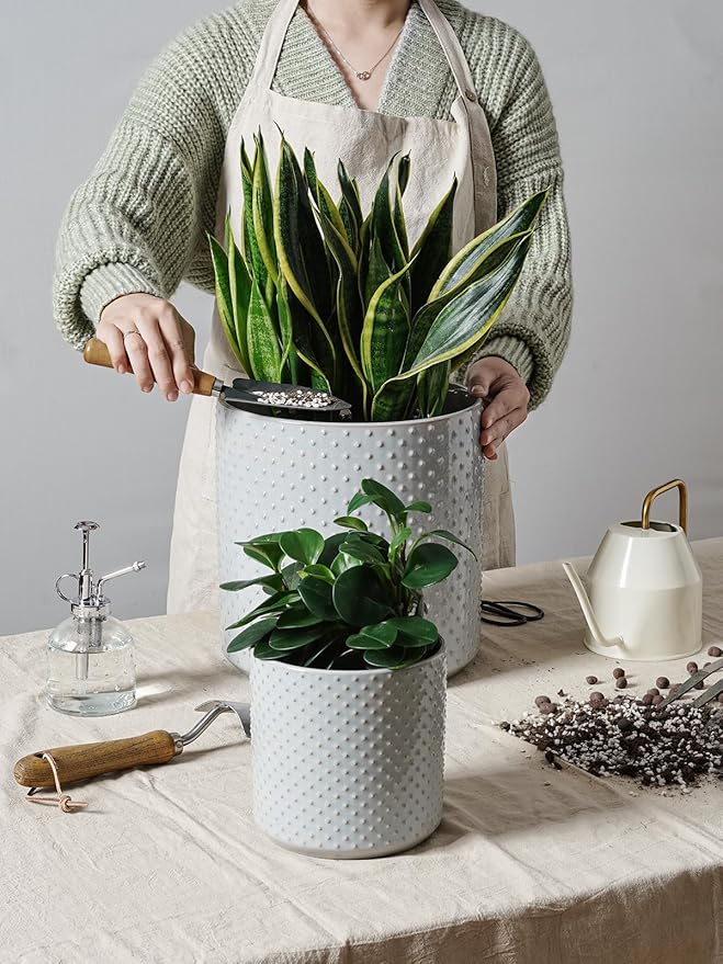 LE TAUCI Ceramic Plant Pots Indoor, 10+8+6 Inch Planters for Indoor Plants, Raised Dots Flower Pots with Drainage Hole and Plug, Cylinder Round Planters, Set of 3, Glaze Star Gray