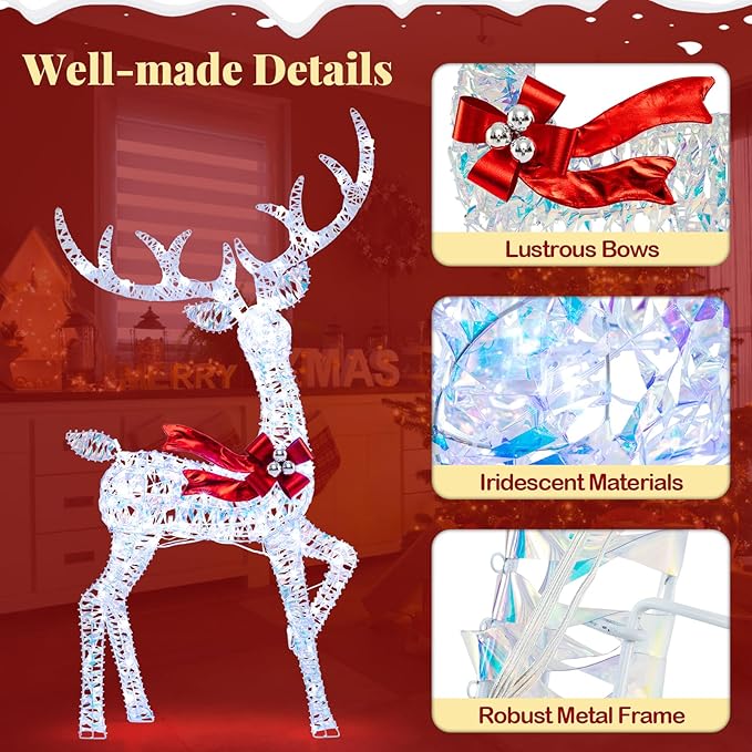 Tangkula 3-Piece Christmas Lighted Iridescent Reindeer Family Set, Pre-lit Xmas Deer Family with 215 Cold White LED Lights, Ground Stakes, Lighted Holiday Decoration for Indoor, Outdoor