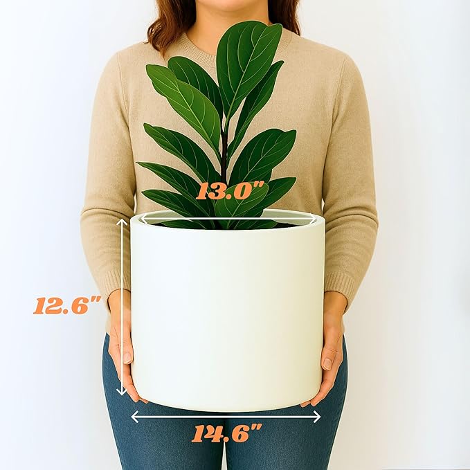 Fox & Fern 14.6 Inch Extra Large Planter — Premium Lightweight Fiberstone Matte White Plant Pot with Drainage Plug; Big Planter for Indoor & Outdoor Use; Weather Resistant & UV Resistant