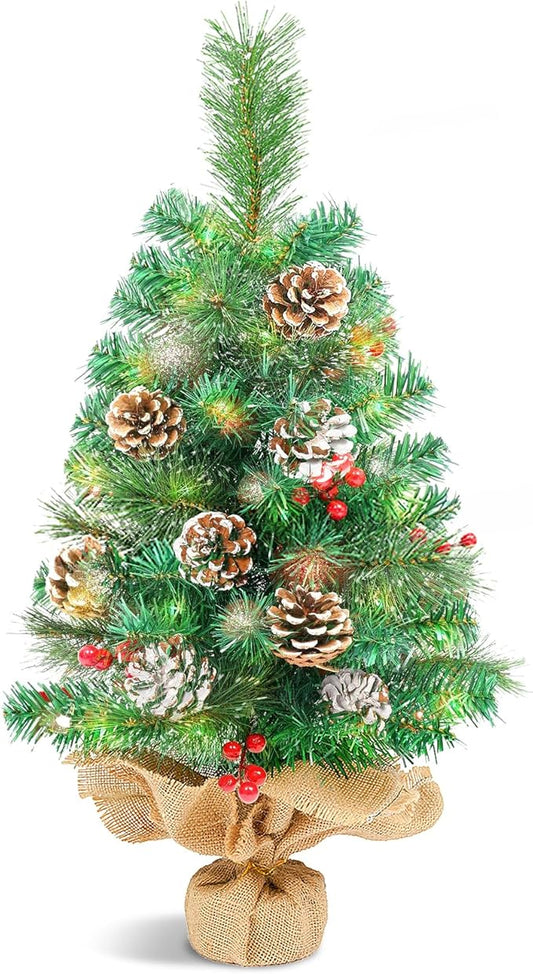 Uten Mini Pine Cone and Nut 2FT Artificial Tree with Semi-Circular Base - Small Christmas Tree for Home, Office, Party