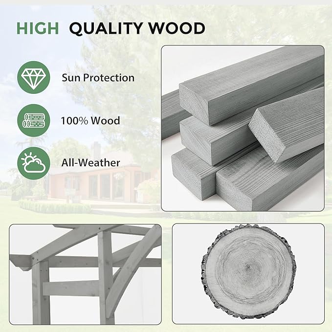 10' x 14' Wood Pergola Outdoor, Patio Pergola Solid Structure with Shelves, Painted Wood Frame with Arched Top for Garden Porch Deck,Grey