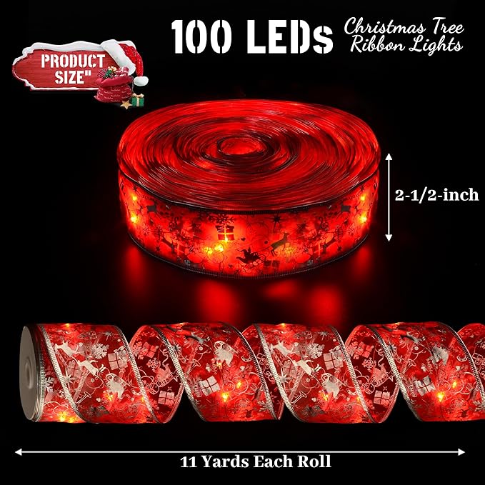 Christmas Decorations, 2.5Inch x 33Ft 100 Led Christmas Tree Ribbon Lights with Remote Control, Battery Operated & USB Powered 8 Lighting Modes Fairy String Lights with Timer for Xmas Decor