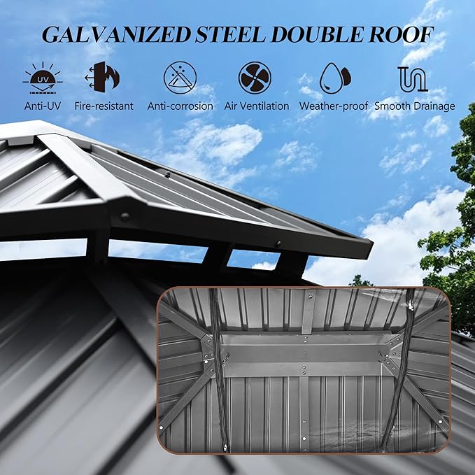 GARTOO 12' x 16' Outdoor Wood Gazebo - Permanent Wooden Hardtop Gazebo Pavilion with Double Curtains, Galvanized Steel Roof Cedar Wood Gazebos for Poolside, Garden, Lawn, Backyard Deck