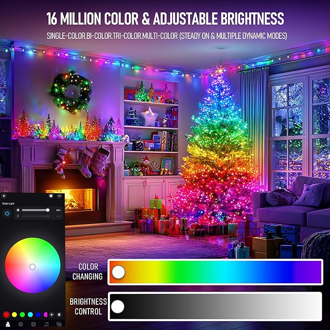 Dazzle Bright Smart Christmas Tree Lights, 448 LED Color Changing Waterfall Tree Topper Lights with Remote & APP, 8.2FT X 16 Lines RGB Christmas Light for Indoor Outdoor Party Xmas Decoration