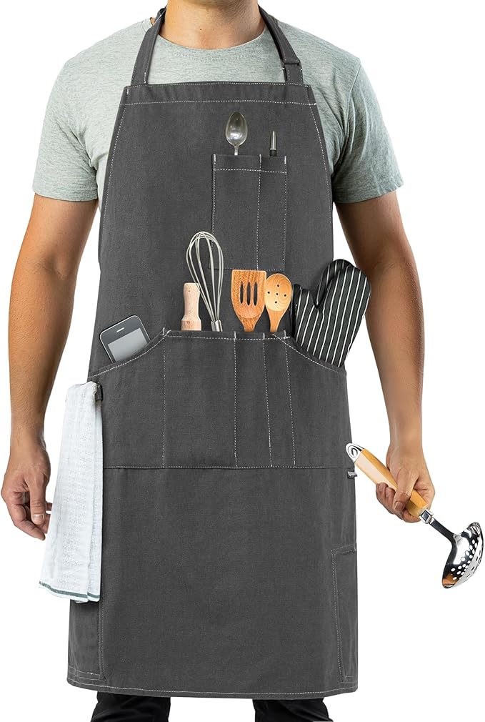 opux Chef Apron for Men, Kitchen Apron with Pockets for Women, Large Unisex Canvas Apron for Cooking Grilling BBQ Baking.