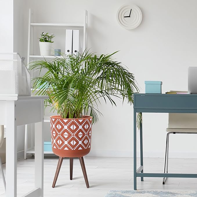 D'vine Dev 14 Inch Planter Pot with Stand, Mid-Century Tall Plant Pot with Legs for Indoor Plants, Pottery Red Terracotta/White, 88-G-D-5