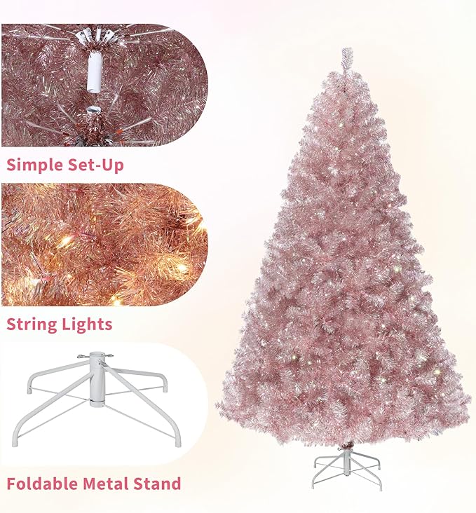 GarveeHome 4.5ft Prelit Artificial Christmas Tree with 150 Warm White Lights, Pre-Lit Snow Flocked Pencil Christmas Tree, Foldable Base,Holiday Decoration for Home, Office, Party,Rose Gold Tinsel