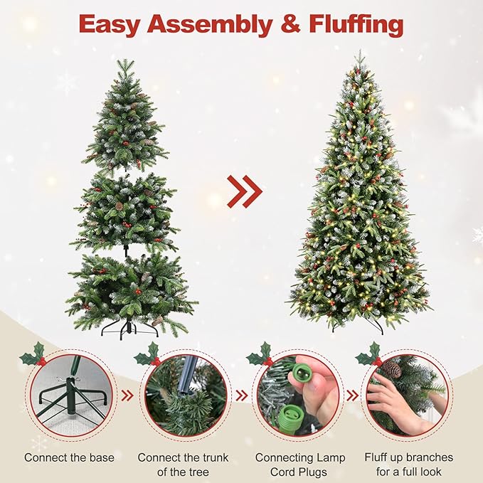 4Ft Pre-Lit Artificial Christmas Tree Fully Pre-Decorated with 747 Flocked Frosted Tips, 35 Berries, 35 Pine Cones, 150 Lights, Realistic Xmas Tree with Metal Hinges& Floded Stand