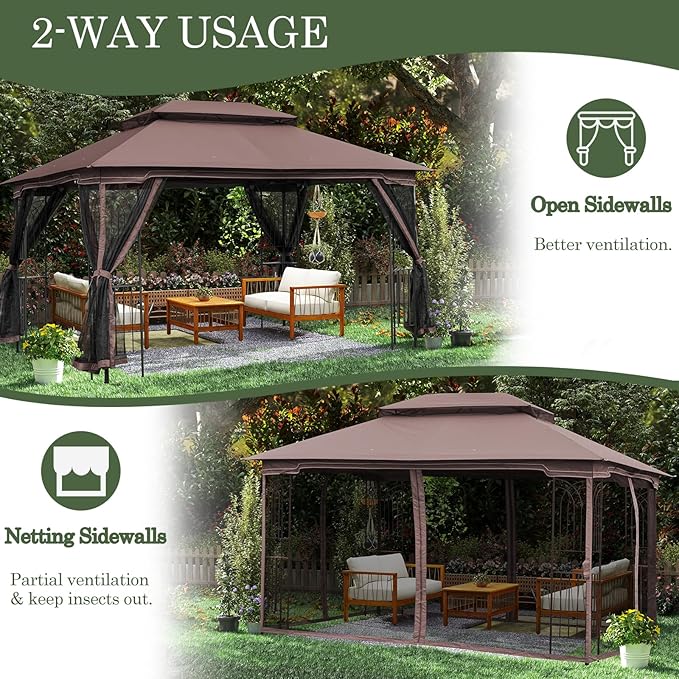 ECOTOUGE 10' X 13' Outdoor Gazebo, Soft Double Roof Canopy Tent with Mosquito Netting, Party Tent Shelter with Corner Frame Shelves for Patio, Backyard, Deck, Brown