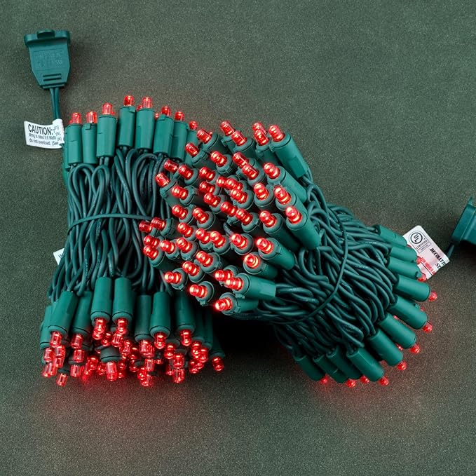 YULETIME Red Wide Angle LED Christmas Lights 200 Count 50 ft, Pack of 2 Strands 25 ft 100 Lights UL Certified String Light Set (Red)