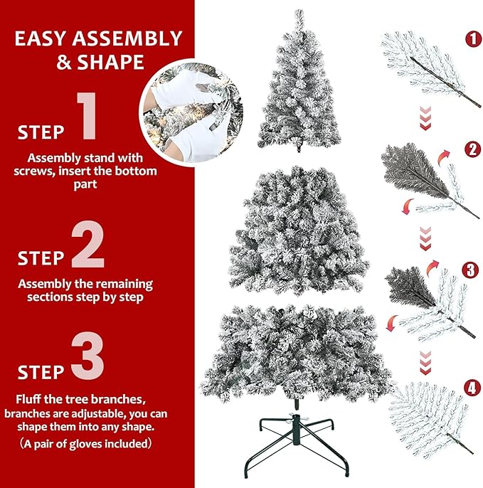 4FT Pre-Lit Flocked Christmas Tree with 100 Warm White Lights, Full White Christmas Tree with Premium PVC Branches,Realistic Snowy Look, Indoor Fake Snow Xmas Tree for Home Office Shops