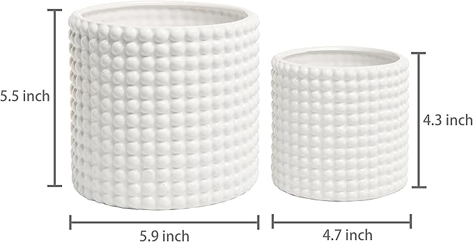 MyGift 6 Inch Ceramic Round Planter Pot, Set of 2 Vintage-Style White Ceramic Flower Pots, Indoor Hobnail Textured Cylindrical Succulent Plant Containers
