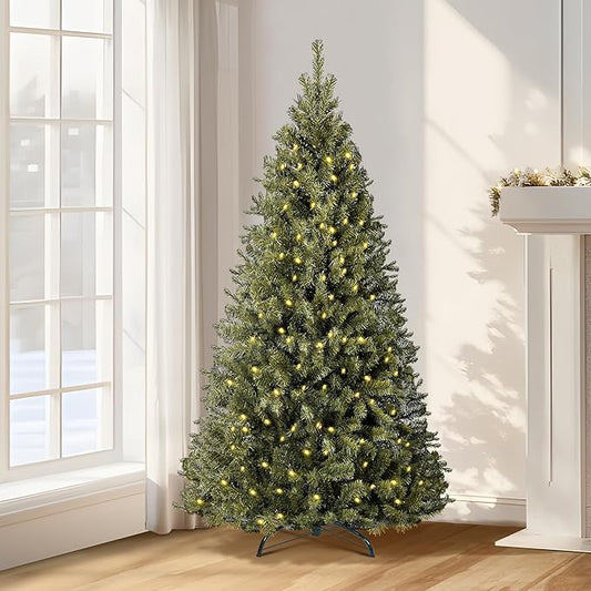Annecy 6ft Pre-Lit Christmas Tree, Green Artificial Full Spruce Christmas Tree for Home, Office, Party Decoration w/ 970 Branch Tips, 250 Warm White & Multi-Color Lights, Metal Hinges&Base,Green 6 ft