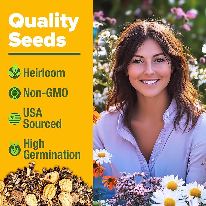 HOME GROWN Premium Wildflower Seeds Bulk - 60,000+ Perennial Flower Seeds Mix for Planting Outdoors - 24 Variety Wildflower Seed Mix - Attracts Bees, Butterflies & Birds - 2oz Wild Flower Seeds