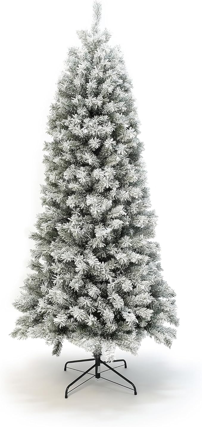 LuxenHome 7FT Flocked Christmas Tree, Slim Spruce Artificial Prelit Christmas Trees with Lights, Snow Flocked Xmas Tree with 365 LED Lights, Artificial Lighted Christmas Tree with Metal Stand