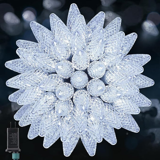 C9 LED Christmas Lights Outdoor, 33 FT 50 LED C9 String Lights, 8 Modes & Timer Connectable Waterproof for Christmas Tree Light Indoor Outdoor Roofline Patio Outside Garden Yard Xmas Decoration, White