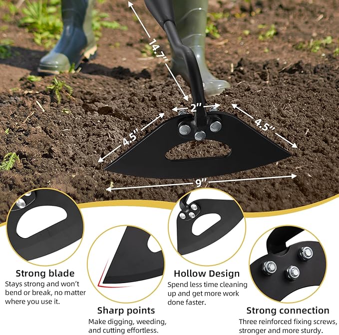 Hollow Garden Hoe - Heavy Duty Triangle Weed Hoes for Gardening,55" Adjustable Long Handle, Sharp Blade Hand Weeding Tool for Vegetable Gardens, Flower Beds, Lawn Edges & Tight Spaces