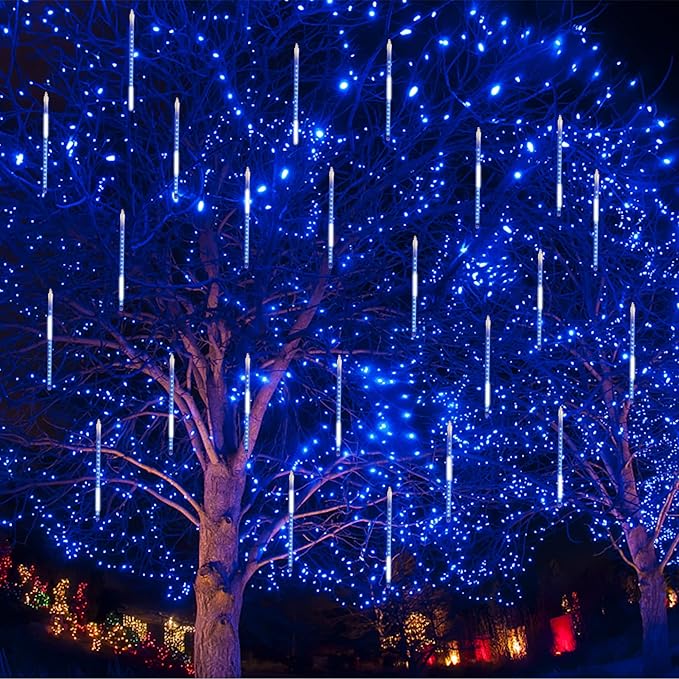 24 Tubes Meteor Shower Lights, Outdoor Icicles Christmas Decor, 12 Inch 864 LED Snow Falling Connectable Raindrop Lights, Xmas Wedding Party Tree Holiday Decoration, Blue