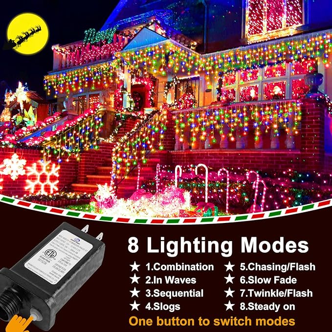 KNONEW 99ft 1216 LED Christmas Lights Outdoor 8 Modes Curtain Fairy String Light with 228 Drops, Clear Wire LED String Light Decor for Wedding Party Christmas Decorations(Multicolor)