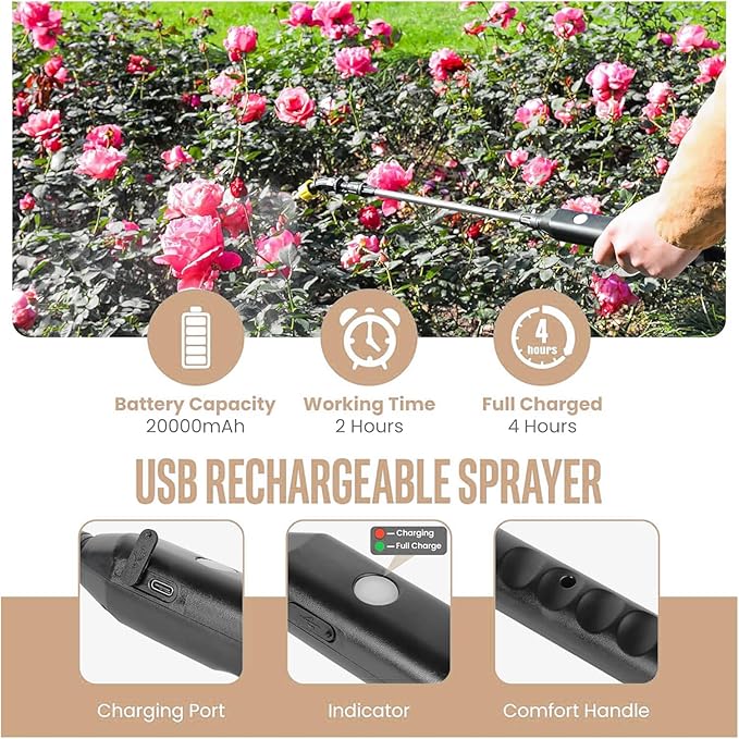 2025 Upgraded Electric Garden Sprayer | 5L/1.35Gal Battery-Powered Sprayer w/ 3 Nozzles, Leak-Proof Design & Adjustable Strap | Type-C Rechargeable for Lawn, Garden, Yard (Light Yellow)