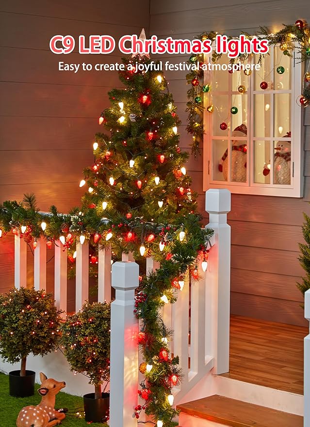 C9 LED Christmas Lights Outdoor, 68 Ft 100 LED C9 String Lights with 100 All in One Clips, Connectable Waterproof Christmas Tree Lights for Outside Roofline Backyard Garden Decor, Red & Warm White