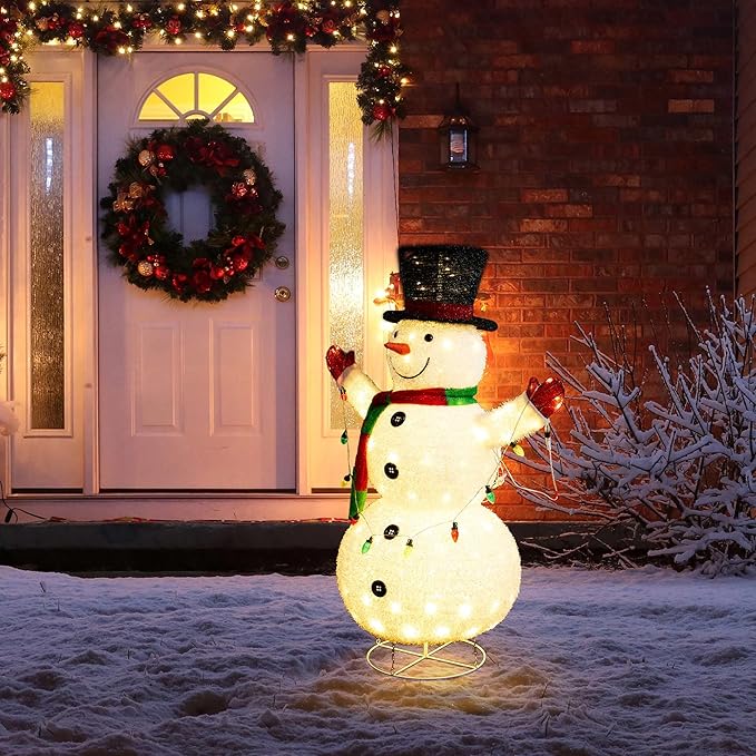 Glitzhome 4FT Lighted Christmas Snowman, 3D Foldable Fabric Outdoor Snowman Decor with Colorful Bulbs Holiday Lawn Ornament Yard Decoration Outdoor and Indoor use Long-Lasting, 160 Warm White LED